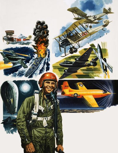 Unidentified Pilot Against a Montage of Aircraft by English School