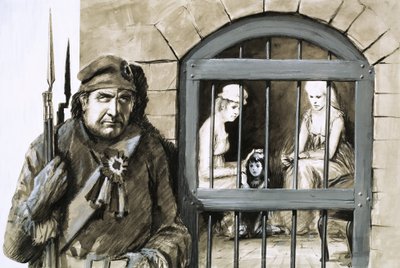 Unidentified prisoners in jail cell with guard in foreground by English School