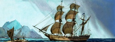 Unidentified Sailing Ship Approaching an Island by English School