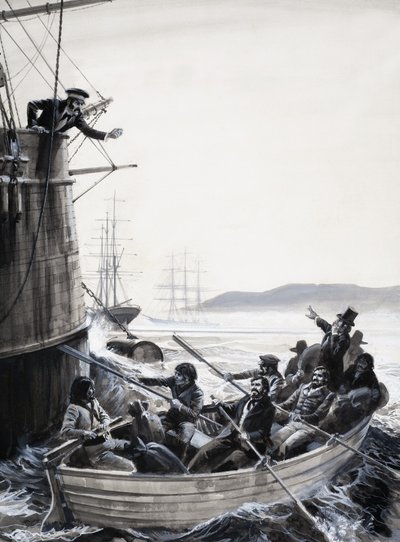 Unidentified Sailors (Mutineers) in Rowing Boat with Captain Shaking Fist by English School