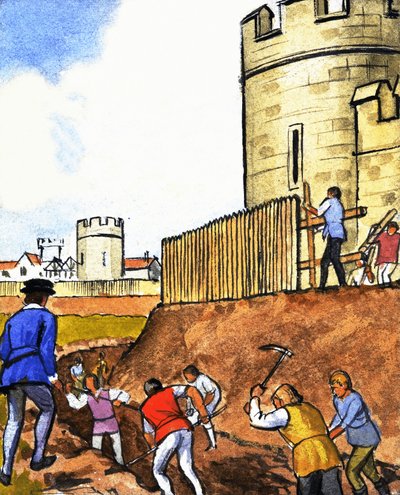 Unidentified Scene of Men Digging Moat Around Castle by English School