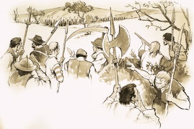 Unidentified Scene of Peasants Facing an Army by English School
