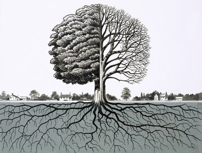 Unidentified Tree, Showing Half Without Leaves and Root System by English School