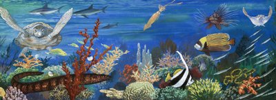 Unidentified undersea creatures including colourful fish and turtle by English School