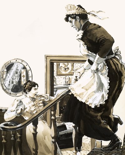 Unidentified woman screaming with maid coming down stairs in foreground by English School