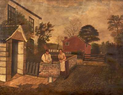 Untitled (three figures outside a Cottage dated 1720) by English School