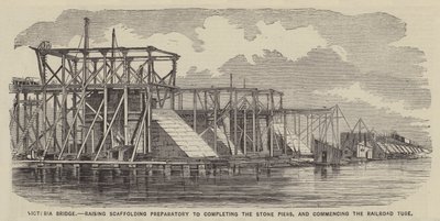 Victoria Bridge, Raising Scaffolding Preparatory to Completing the Stone Piers, and Commencing the Railroad Tube by English School