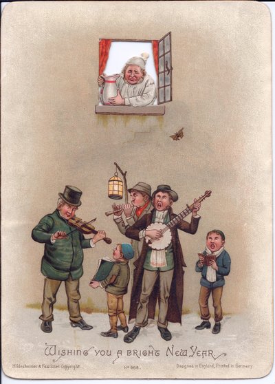 Victorian New Year Card of a Man in a Nightgown Preparing to Pour a Jug of Water on Some Street Musicians Below, c.1880 by English School