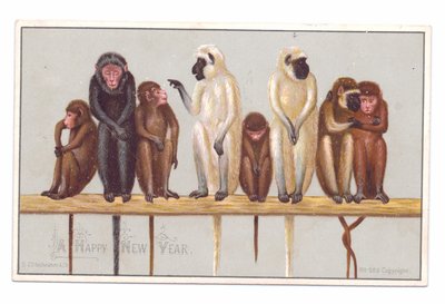 Victorian New Year Card with Eight Monkeys on a Ledge, c.1880 by English School