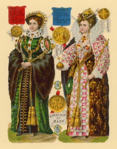 Victorian scrap: Queen Mary I, Queen Elizabeth I by English School