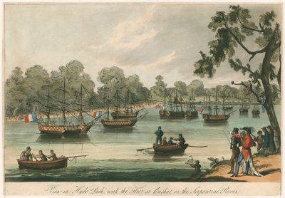 View in Hyde Park with the Fleet at Anchor on the Serpentine River. Naumachia. Peace of 1814 by English School