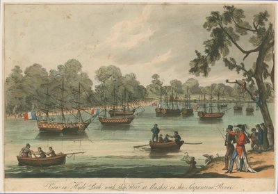 View in Hyde Park with the Fleet at Anchor on the Serpentine River. Naumachia. Peace of 1814 by English School