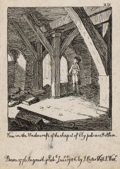 View in the undercroft of the chapel of Ely Palace, Holborn by English School