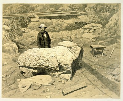 View of a colossal lion on its side, with Newton behind, from A History of Discoveries at Helicarnassus, Cnidus, & Branchidae, by Charles Thomas Newton, published 1862 by English School
