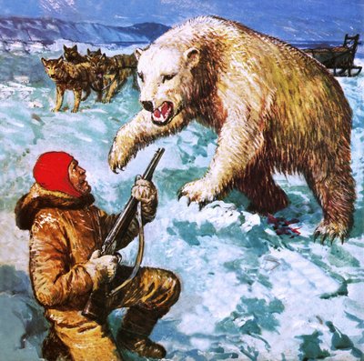 Vilhjalmar Stefansson being attacked by a polar bear by English School