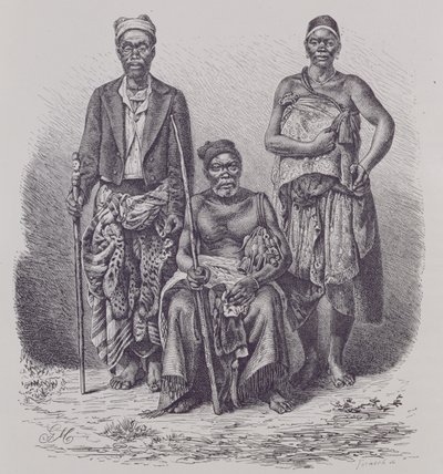Village chief of the Loango Coast, with wife and dignitary, engraved from a photograph by Dr. Falkenstein, from 