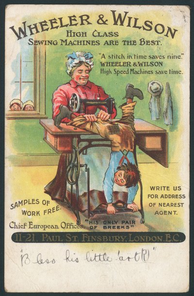 Wheeler & Wilson, Sewing Machines - mending a boys breeches by English School