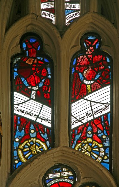 Window depicting angels on wheels with antiphons by English School