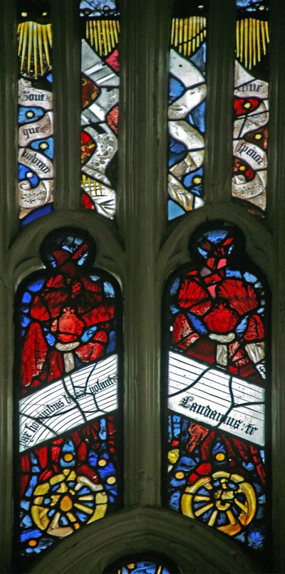 Window depicting angels on wheels with antiphons by English School