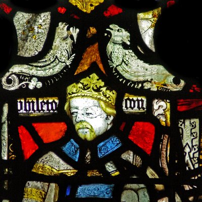 Window depicting a composite figure of a king and an archbishop; grotesques by English School