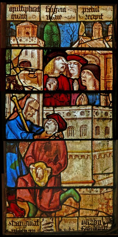 Window depicting a scene from a legend of St Nicholas: the devil strangles a boy who offered him food on St Nicholas day by English School