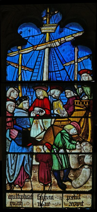 Window depicting a scene from a legend of St Nicholas: the grain ships unload at Myra by English School