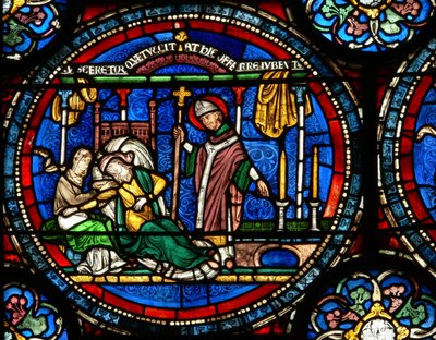 Window n4 depicting a scene from a St Thomas Becket Miracle window: Julia Puintel told to go to the tomb by English School