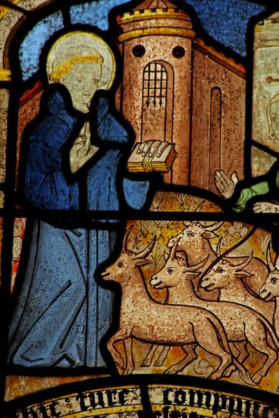 Window 5 depicting St Neots stolen oxen are returned to him by English School