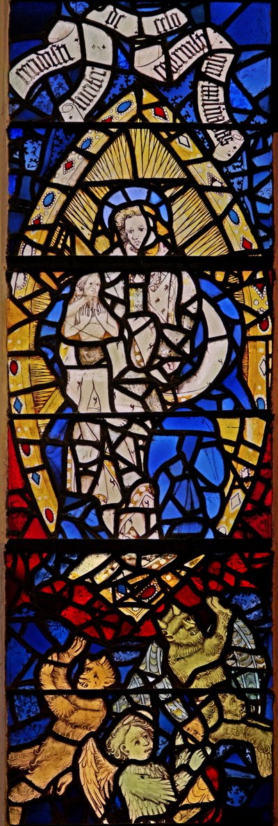 Window depicting the Woman Clothed with the Sun and with the moon under her feet with the Man-child in the Book of Revelation; with jewels of inset glass by English School