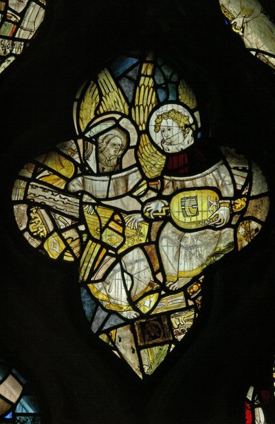 Window depicting two musician angels, one with a hurdy-gurdy by English School
