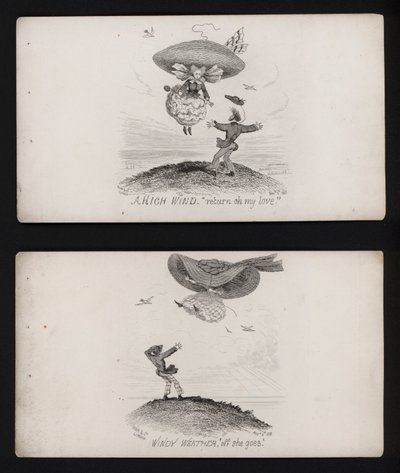 Woman being carried off by her enormous hat on a windy day by English School