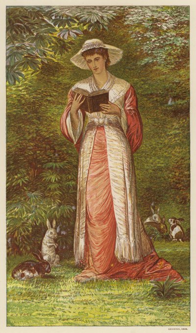 Woman reading a book in a garden with rabbits by English School