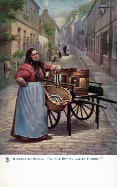 Woman selling herring from a barrow by English School