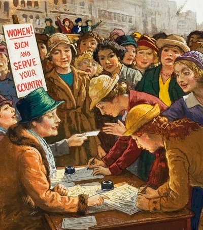 Women volunteers for work in World War I by English School