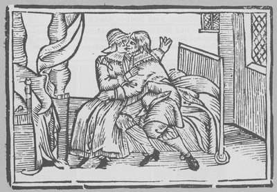 Woodcut Depicting a Man and a Woman Seated on a Bed by English School