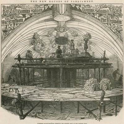 Workmen Sculpturing the Bosses on the Groined Roof of the Central Hall by English School