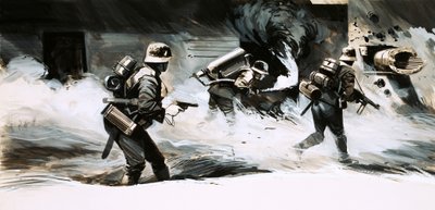 World War 2 soldiers attack a bunker with a flamethrower by English School