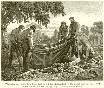 Wrapping the Remains in a Union Jack as a Fitting Winding-Sheet for the Gallant Explorer, Mr. Howitt Buried Him Under a Box-Tree by English School