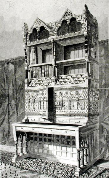 Writing table and book case in the architectural exhibition, executed by Mr. James Forsyth, from the design of Mr. R. Norman Shaw by English School