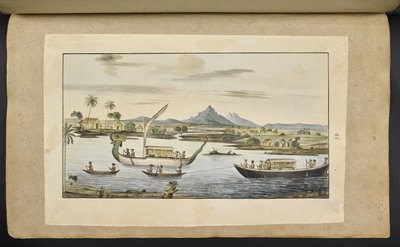 River scene in Java with boats, including a dragon-headed boat by English School