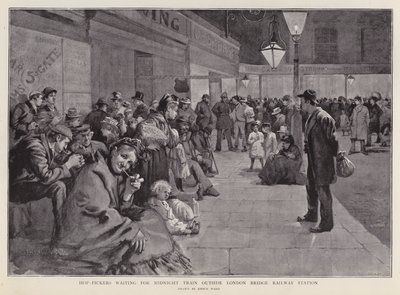 Hop pickers waiting outside London Bridge Station for the midnight train to Kent by Enoch Ward