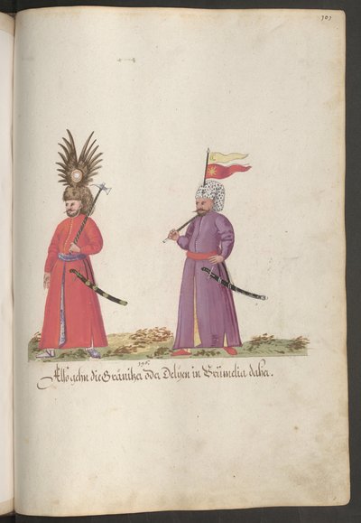 Two Turkish Border Soldiers with Head Decoration, Battle Axes, and Sabres by Erich Lessing