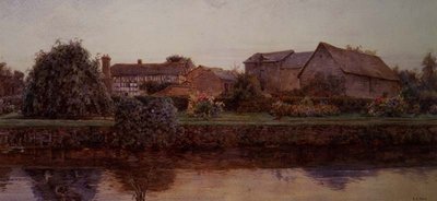 A House and Farm Buildings by a River by Ernest Arthur Rowe
