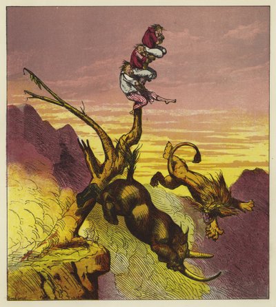 The lion and rhinoceros fall over the cliff while arguing over who gets the first bite of the three mariners by Ernest Henry Griset