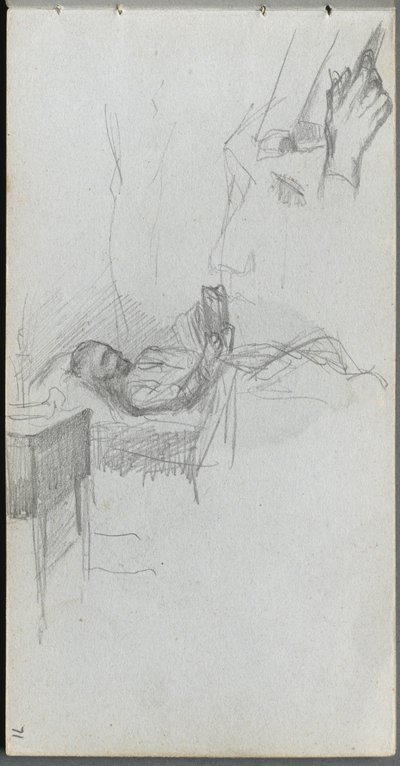 Sketchbook, Page 71: Study of a Figure Reading in Bed, Study of a Hand by Jean Louis Ernest Meissonier