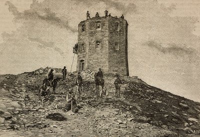 Asylum Tower and Observatory on Mount Cimone, Italy, engraving by Ernesto Mancastroppa from L