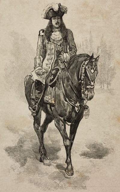 Count of Turin Vittorio Emanuele of Savoy in costume of Vittorio Amedeo II of Savoy at Villa Borghese Tournament for silver wedding of Umberto I and Margherita of Savoy, Rome, Italy by Ernesto Mancastroppa