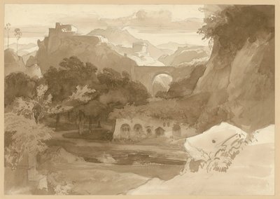 Rocky Mountain Landscape with Viaduct. Scene from the Sabine Mountains by Ernst Fries