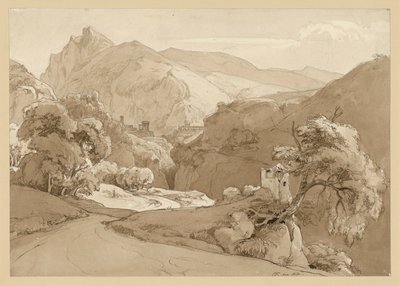 Italian Mountain Landscape, with Ruins of a Round Temple in the Middle Ground by Ernst Fries