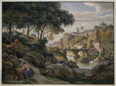 Italian Mountain Landscape with Stone Bridge by Ernst Fries